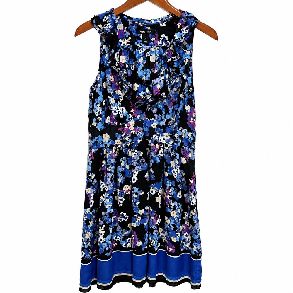 White House Black Market Floral Ruffle Neck Sleeveless Dress Blue Purple Size 8